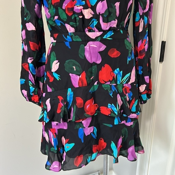 PARKER JEWELED Silk Floral Faux Wrap Dress Long Sleeve V Neck Black Sz S NEW - Picture 3 of 11